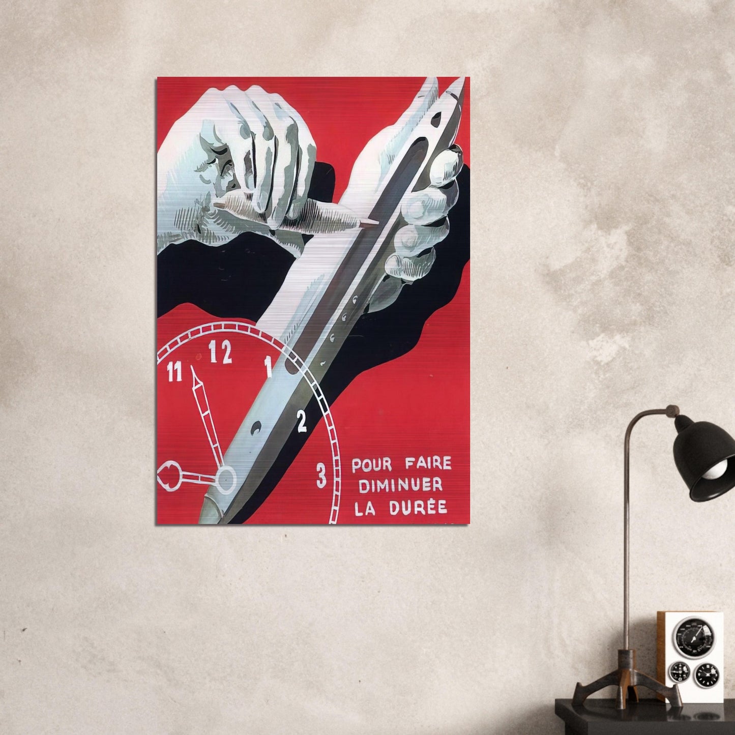 PROJECT OF POSTER THE CENTER OF TEXTILE WORKERS IN BELGIUM TO REDUCE WORKING HOURS 1938 - Rene Magritte Brushed Aluminum Print - 70x100 cm / 28x40 inches | Rene Magritte Aluminum Print | Rene Magritte Prints