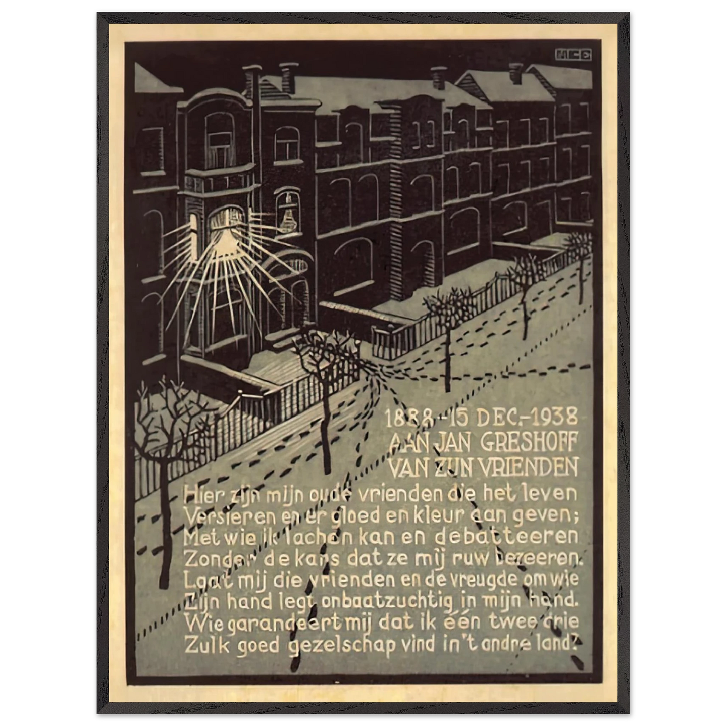 MC Escher - BIRTHDAY CARD FOR G GERSHOFF NOVEMBER 1938 1938 Wall Art - 21x29.7 cm / 8x12" - Premium Wooden Framed Poster With Fine Art Paper - White frame