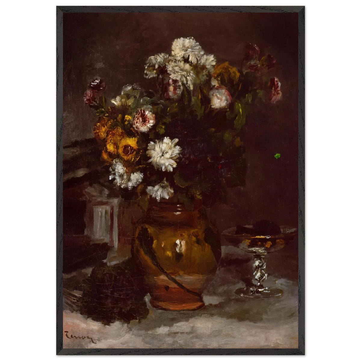 Flowers in a Vase and a Glass of Champagne - Pierre-Auguste Renoir 70x100 cm / 28x40 inches Framed Art Print – Black Wooden Frame
