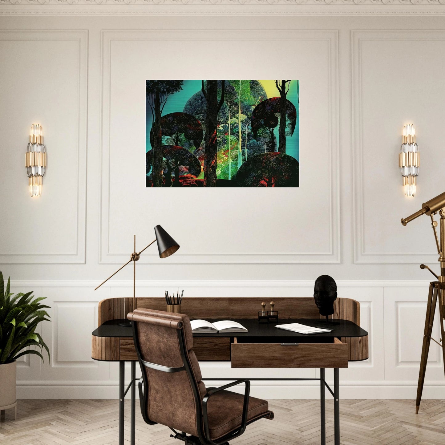 Fired by Sun - Eyvind Earle Brushed Aluminum Print - 70x100 cm / 28x40 inches | Eyvind Earle Aluminum Print | Eyvind Earle Prints