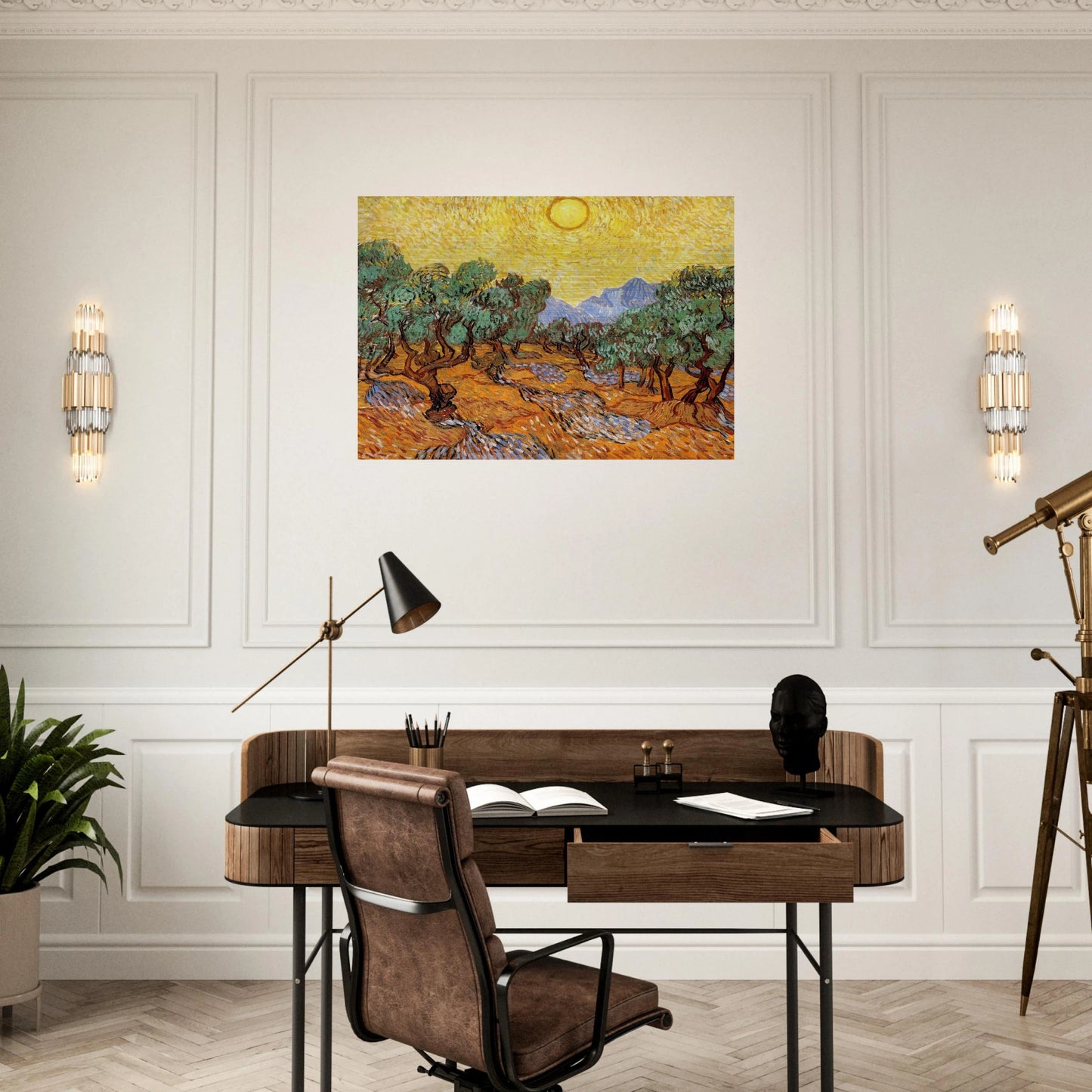 Olive Trees with Yellow Sky and Sun - Vincent van Gogh Brushed Aluminum Print - 70x100 cm / 28x40 inches | Vincent van Gogh Aluminum Print | Vincent van Gogh Prints