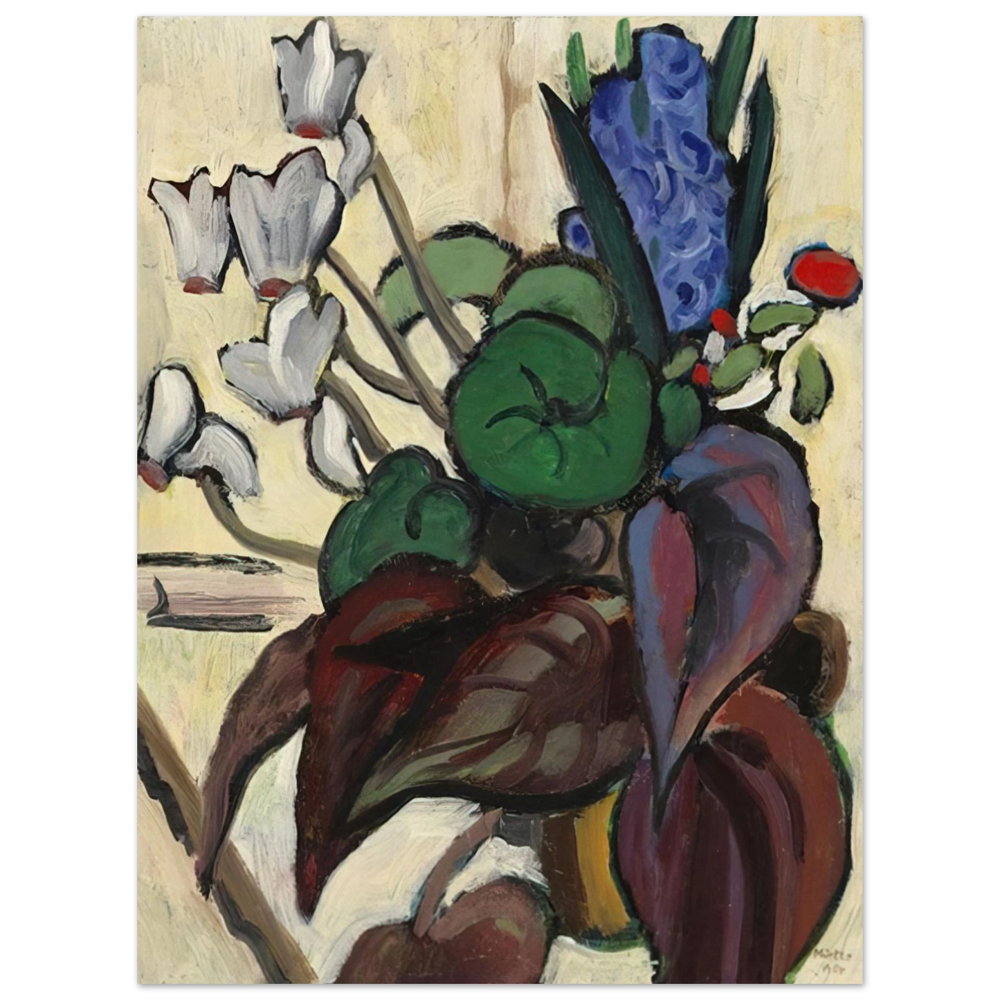 Gabriele Munter - BLUMEN AUF WEI ZYKLAMEN UND HYAZINTHE 1934  75x100 cm / 30x40inches Fine Art Poster