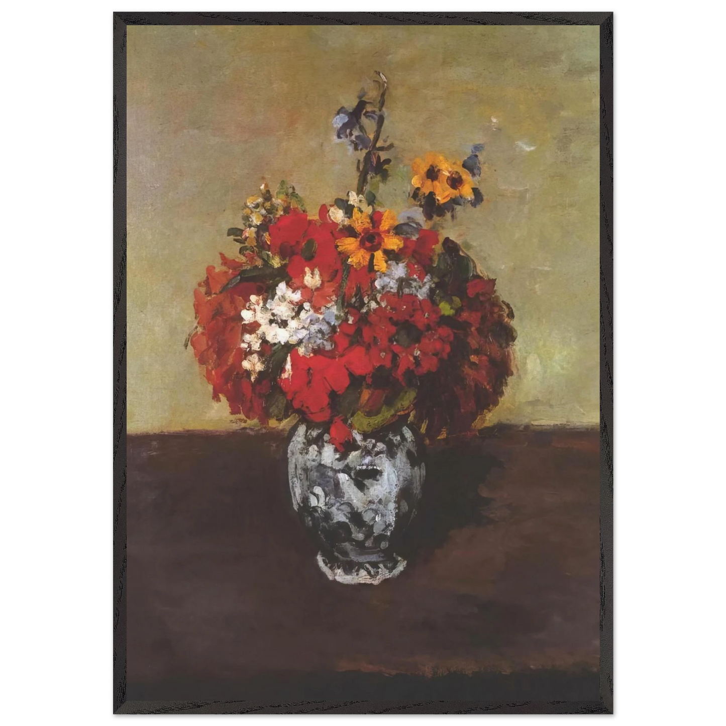 Dahlias In A Delft Vase - Paul Cezanne 70x100 cm / 28x40 inches Framed Art Print – Black Wooden Frame