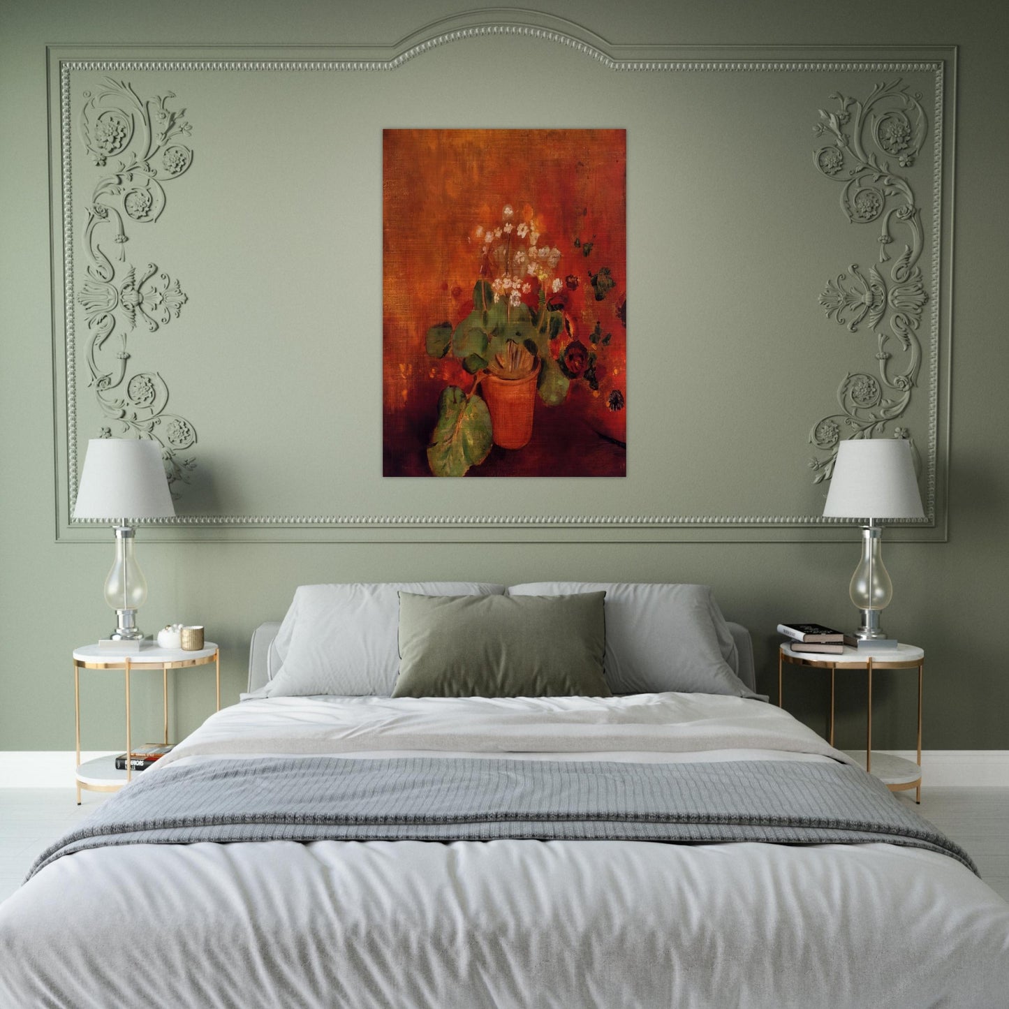 FLOWERS IN A POT ON A RED BACKGROUND - Odilon Redon Brushed Aluminum Print - 70x100 cm / 28x40 inches | Odilon Redon Aluminum Print | Odilon Redon Prints