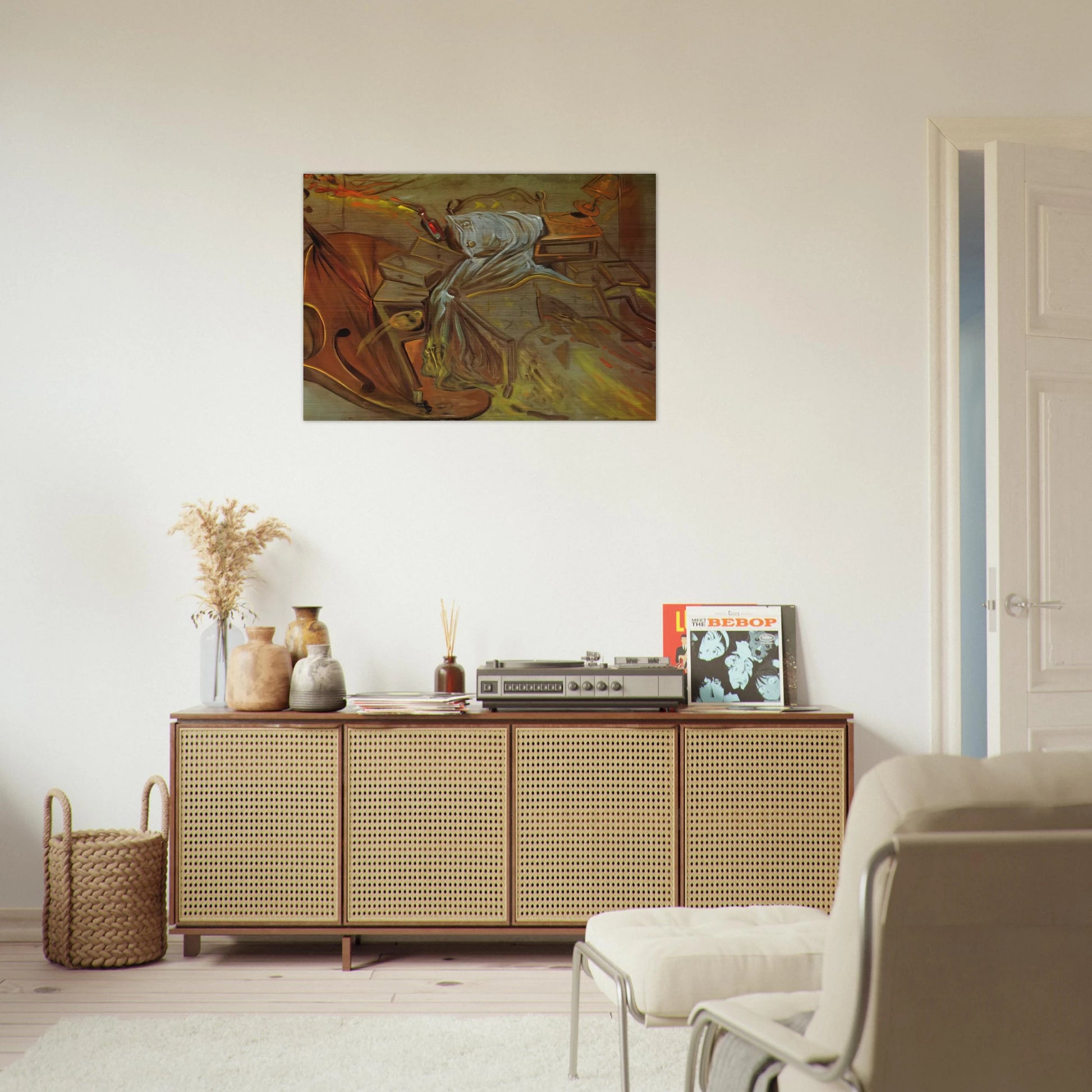 BED AND TWO BEDSIDE TABLES FEROCIOUSLY ATTACKING A CELLO - Salvador Dali Brushed Aluminum Print - 70x100 cm / 28x40 inches | Salvador Dali Aluminum Print | Salvador Dali Prints