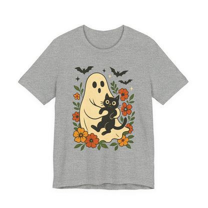 Spooky spookachtige Geest Houdt Zwarte Kat Groovy Bloem Halloween