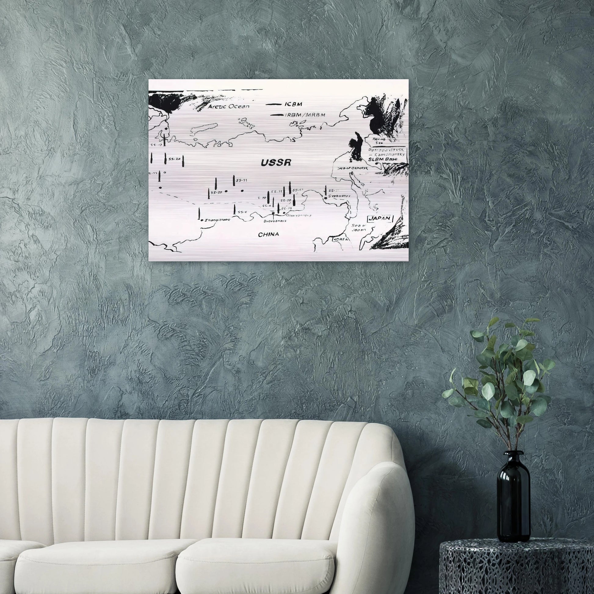 Map of Eastern U.S.S.R. Missile Bases - Andy Warhol Brushed Aluminum Print - 70x100 cm / 28x40 inches | Andy Warhol Aluminum Print | Andy Warhol Prints