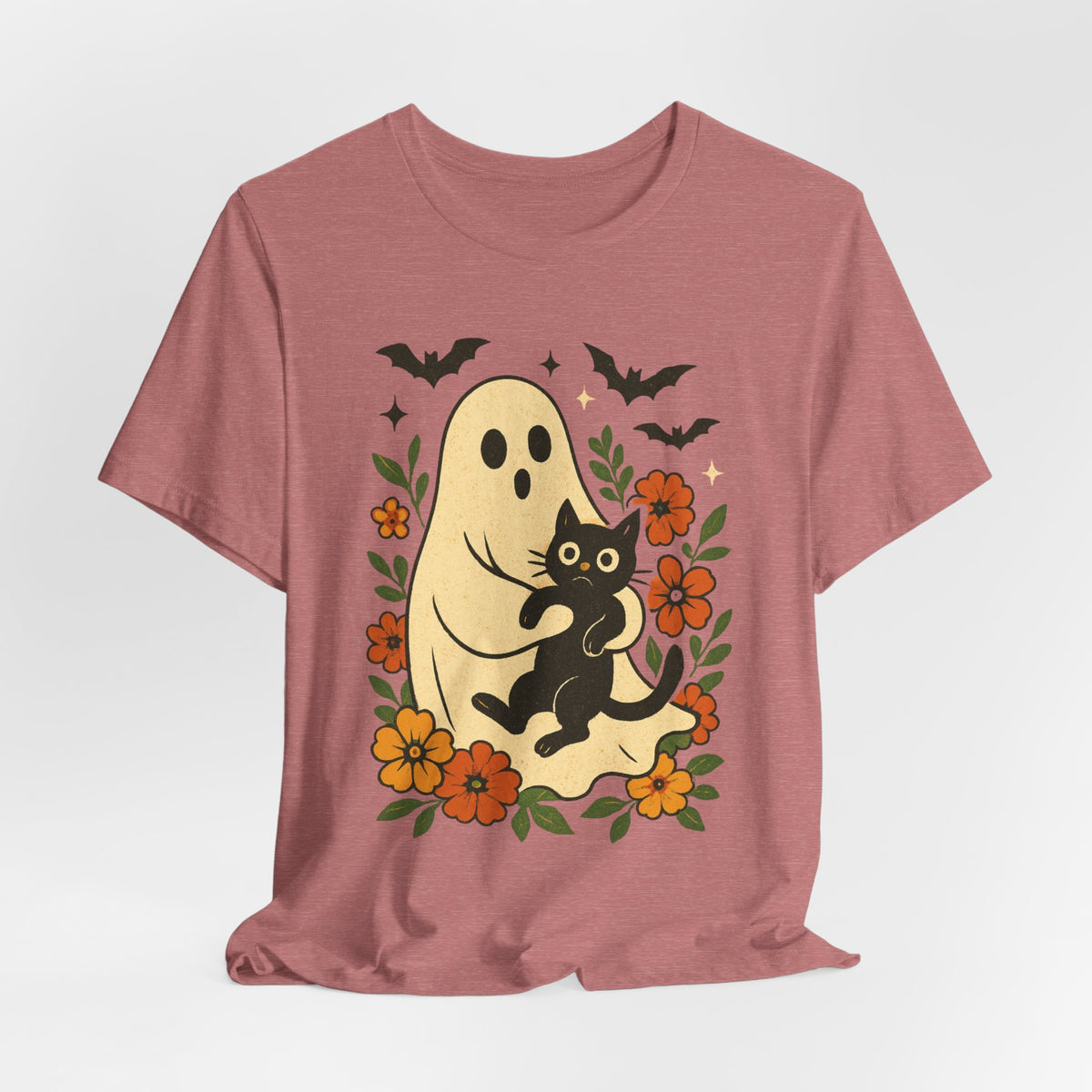Spooky spookachtige Geest Houdt Zwarte Kat Groovy Bloem Halloween