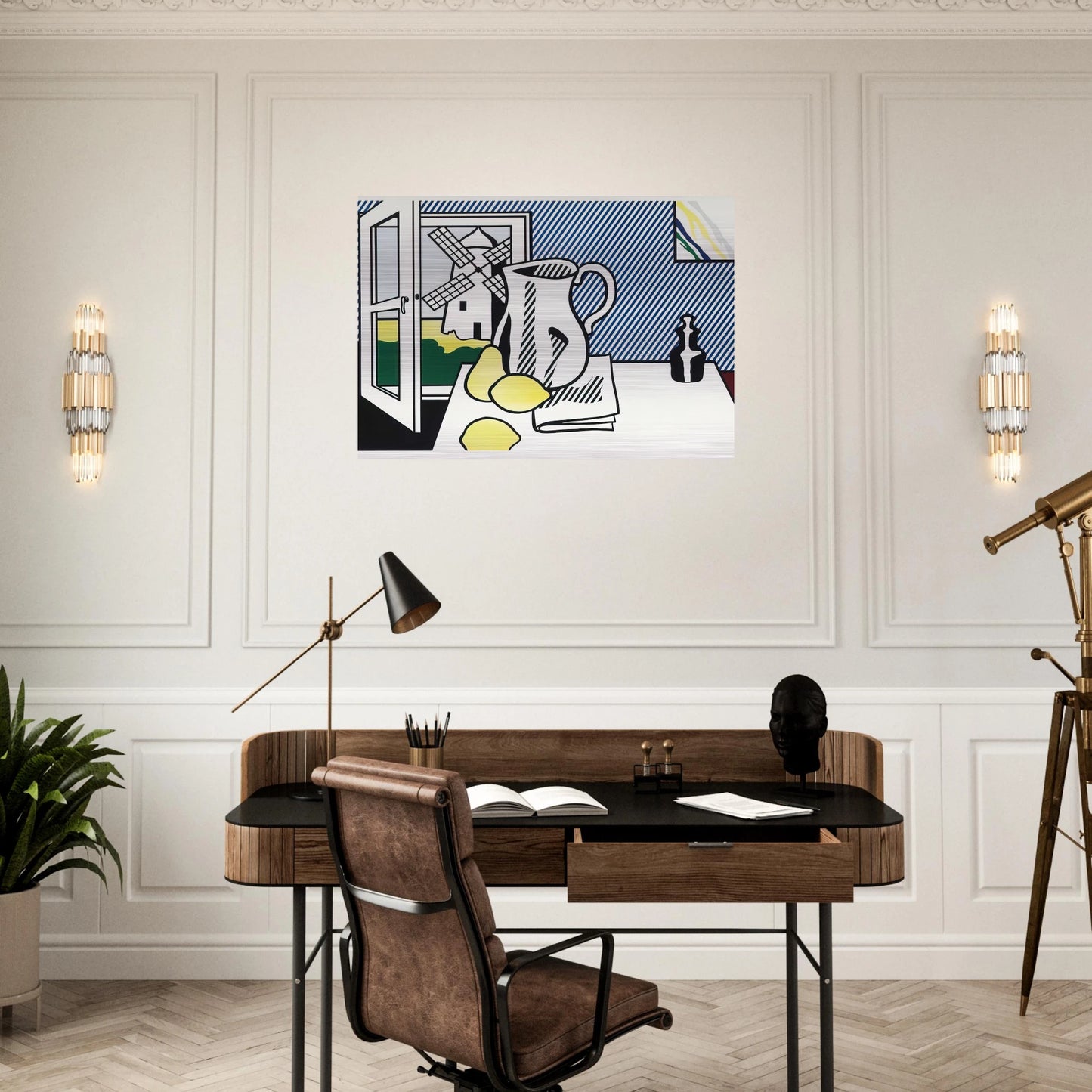 STILL LIFE WITH WINDMILL 1974 - Roy Lichtenstein Brushed Aluminum Print - 70x100 cm / 28x40 inches | Roy Lichtenstein Aluminum Print | Roy Lichtenstein Prints