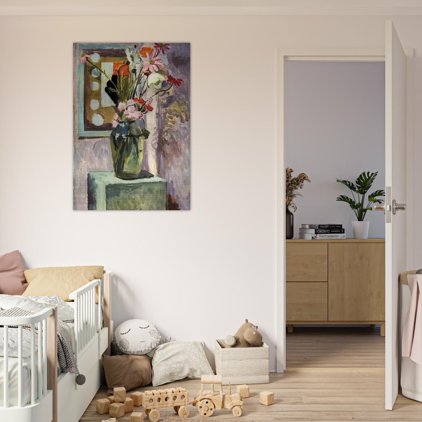 FLOWERS IN A GLASS VASE WITH ABSTRACT NEEDLEWORK DESIGN - Vanessa Bell Brushed Aluminum Print - 70x100 cm / 28x40 inches | Vanessa Bell Aluminum Print | Vanessa Bell Prints