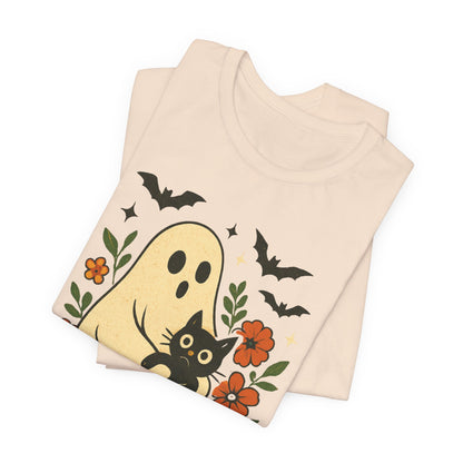 Spooky spookachtige Geest Houdt Zwarte Kat Groovy Bloem Halloween