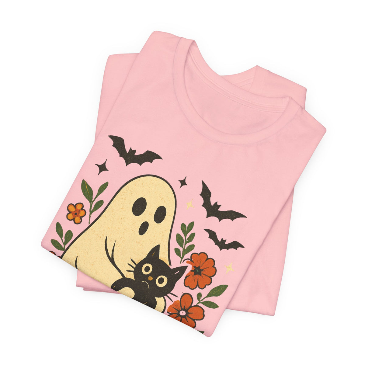 Spooky spookachtige Geest Houdt Zwarte Kat Groovy Bloem Halloween
