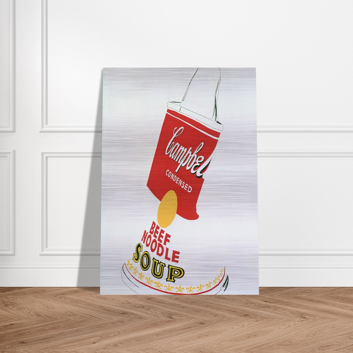 Crushed Campbell's Soup Can  Beef Noodle  - Andy Warhol Brushed Aluminum Print - 70x100 cm / 28x40 inches | Andy Warhol Aluminum Print | Andy Warhol Prints