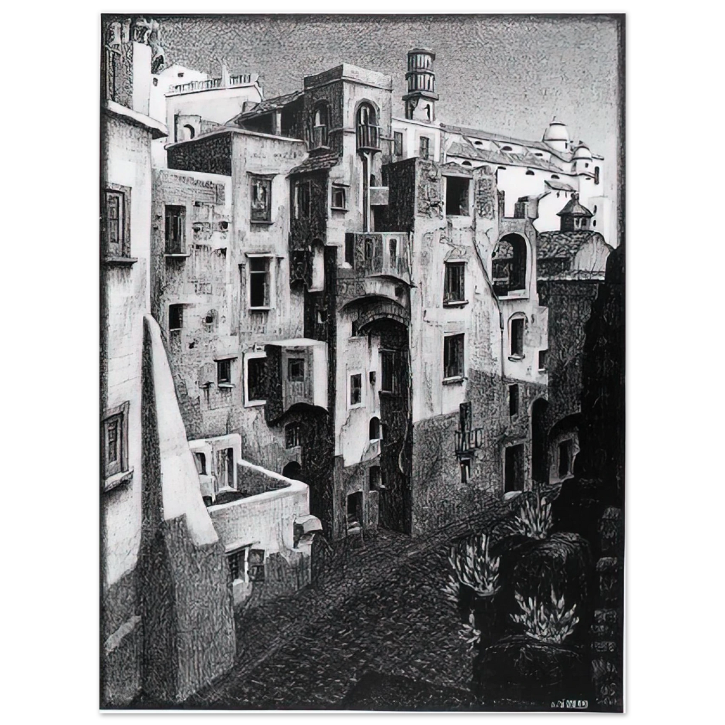 MC Escher - DILAPIDATED HOUSES IN ATRANI 1931 Wall Art - 21x29.7 cm / 8x12" - Premium Wooden Framed Poster With Fine Art Paper-canvas - White frame