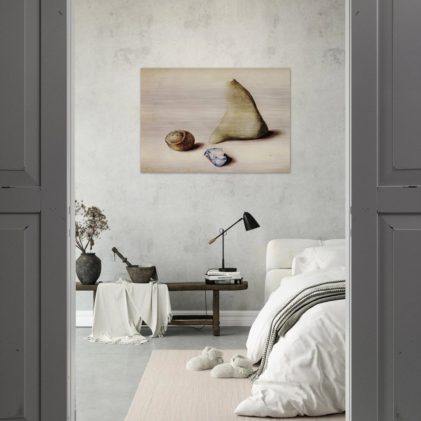 Pietra calcarea dalle Alpi Sveve Burgfelden, un pezzo di vetro grezzo dall’Adriatico Rimini, galle da Gubbio. Natale 38 - 1938 - Julius Bissier Brushed Aluminum Print - 70x100 cm / 28x40 inches | Julius Bissier Aluminum Print | Julius Bissier Prints