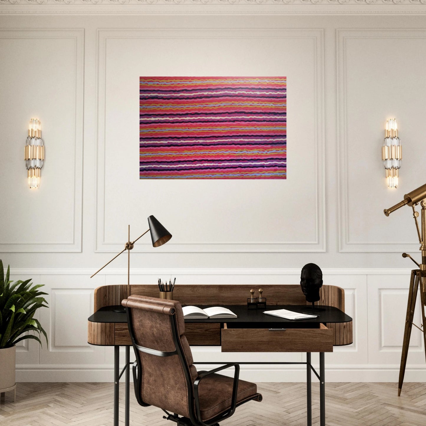 Spear Dreaming, South of Naperby - 1995 - Clifford Possum Tjapaltjarri Brushed Aluminum Print - 70x100 cm / 28x40 inches | Clifford Possum Tjapaltjarri Aluminum Print | Clifford Possum Tjapaltjarri Prints