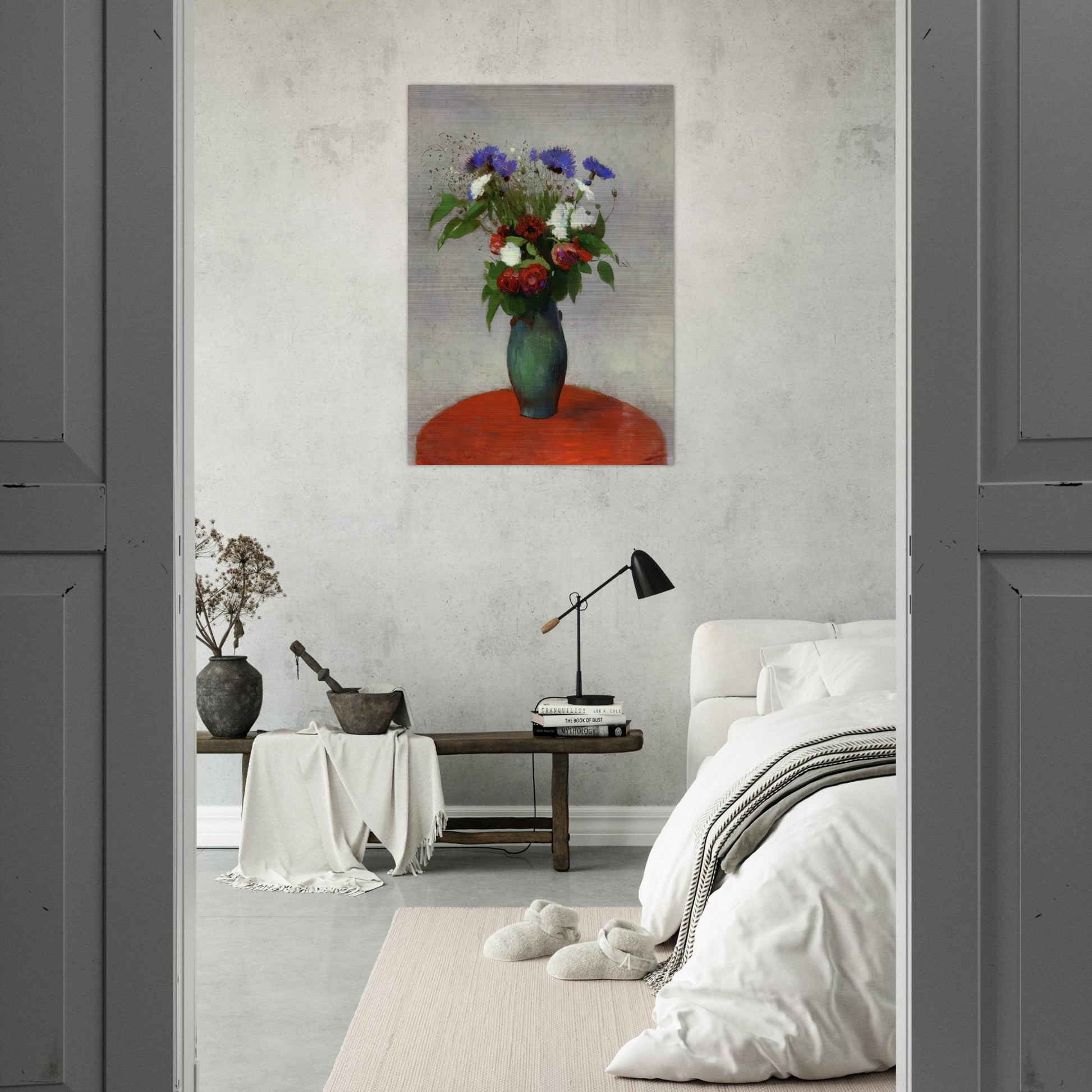 VASE OF FLOWERS ON A RED TABLECLOTH - Odilon Redon Brushed Aluminum Print - 70x100 cm / 28x40 inches | Odilon Redon Aluminum Print | Odilon Redon Prints