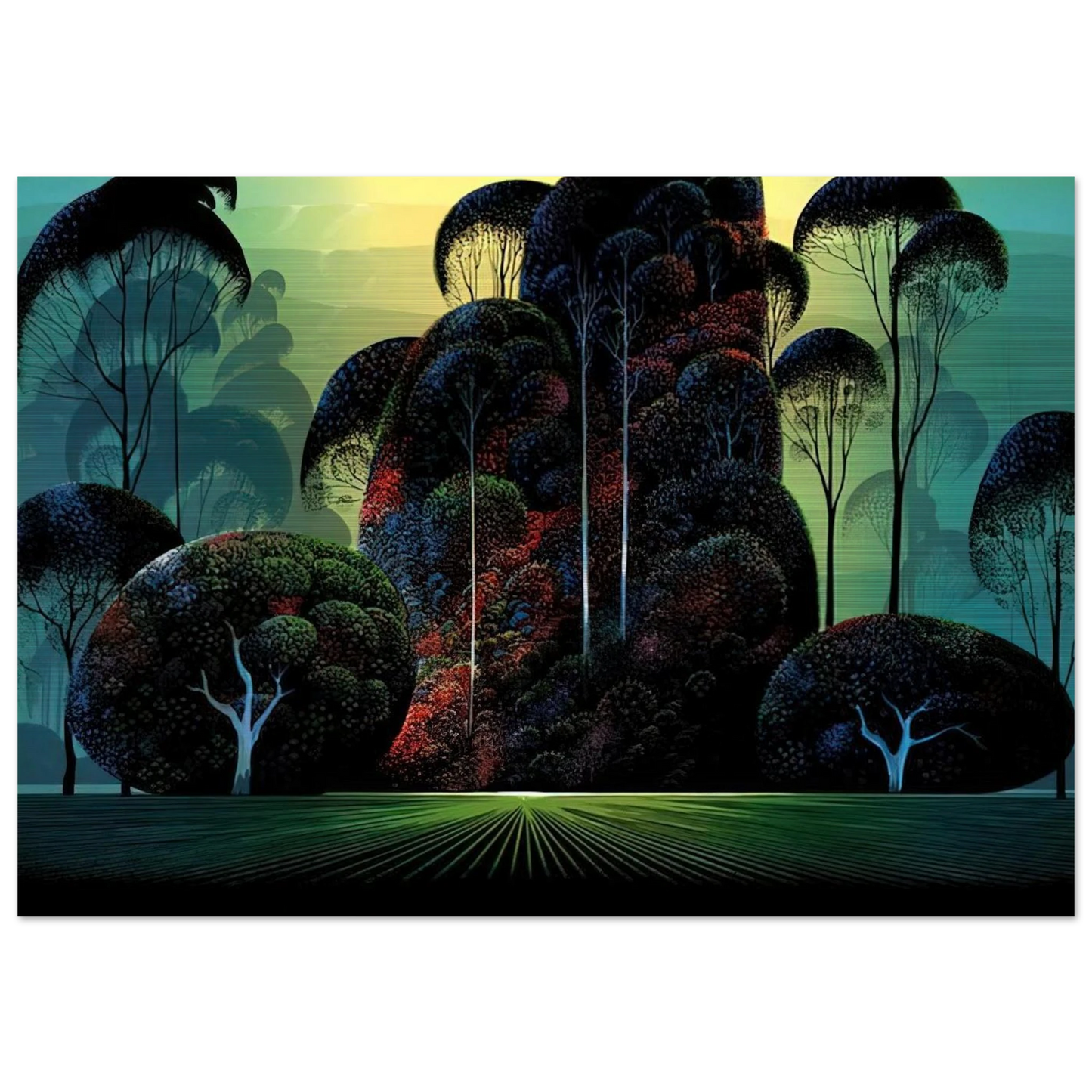 Mendacino - Eyvind Earle Brushed Aluminum Print - 70x100 cm / 28x40 inches | Eyvind Earle Aluminum Print | Eyvind Earle Prints