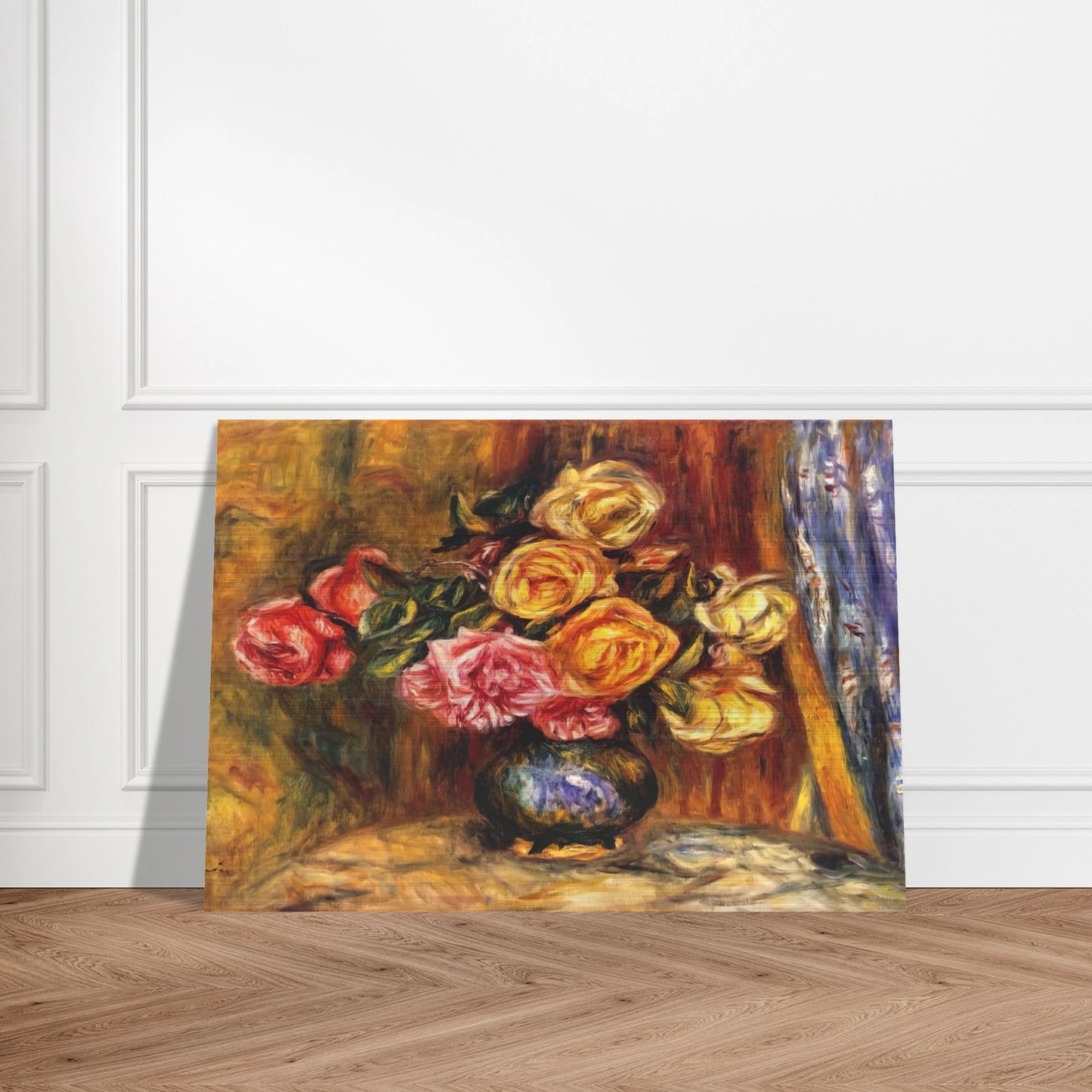 Roses in front of a blue curtain - Pierre-Auguste Renoir Brushed Aluminum Print - 70x100 cm / 28x40 inches | Pierre-Auguste Renoir Aluminum Print | Pierre-Auguste Renoir Prints