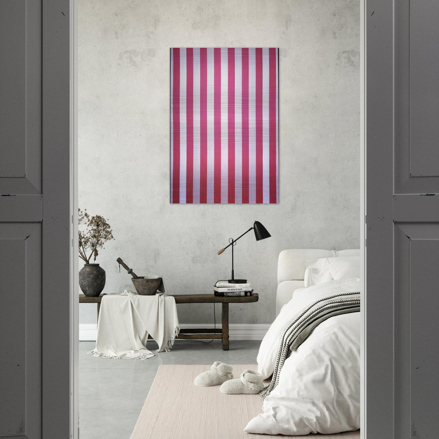 Peinture acrylique blanche sur tissu rayé blanc et rouge - 1970 - Daniel Buren Brushed Aluminum Print - 70x100 cm / 28x40 inches | Daniel Buren Aluminum Print | Daniel Buren Prints