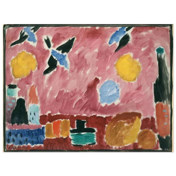 Alexej von Jawlensky - STILL LIFE WITH BOTTLE BREAD AND RED WALLPAPER WITH SWALLOWS 1915  75x100 cm / 30x40inches Fine Art Poster