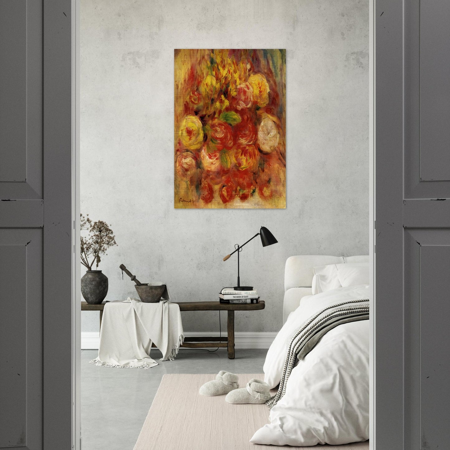 Flowers in a Vase with Blue Decoration - Pierre-Auguste Renoir Brushed Aluminum Print - 70x100 cm / 28x40 inches | Pierre-Auguste Renoir Aluminum Print | Pierre-Auguste Renoir Prints