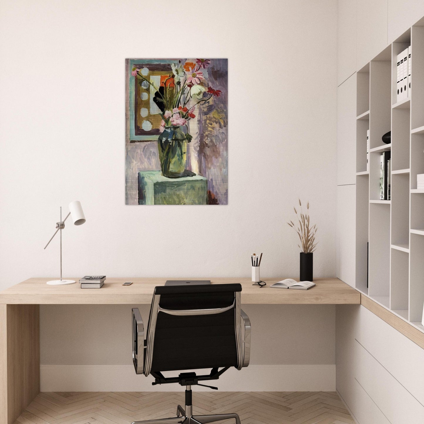 FLOWERS IN A GLASS VASE WITH ABSTRACT NEEDLEWORK DESIGN - Vanessa Bell Brushed Aluminum Print - 70x100 cm / 28x40 inches | Vanessa Bell Aluminum Print | Vanessa Bell Prints