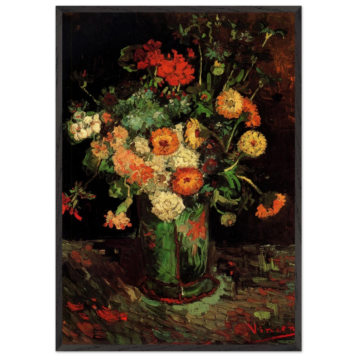 Vase with Zinnias and Geraniums - Vincent van Gogh 70x100 cm / 28x40 inches Framed Art Print – Black Wooden Frame