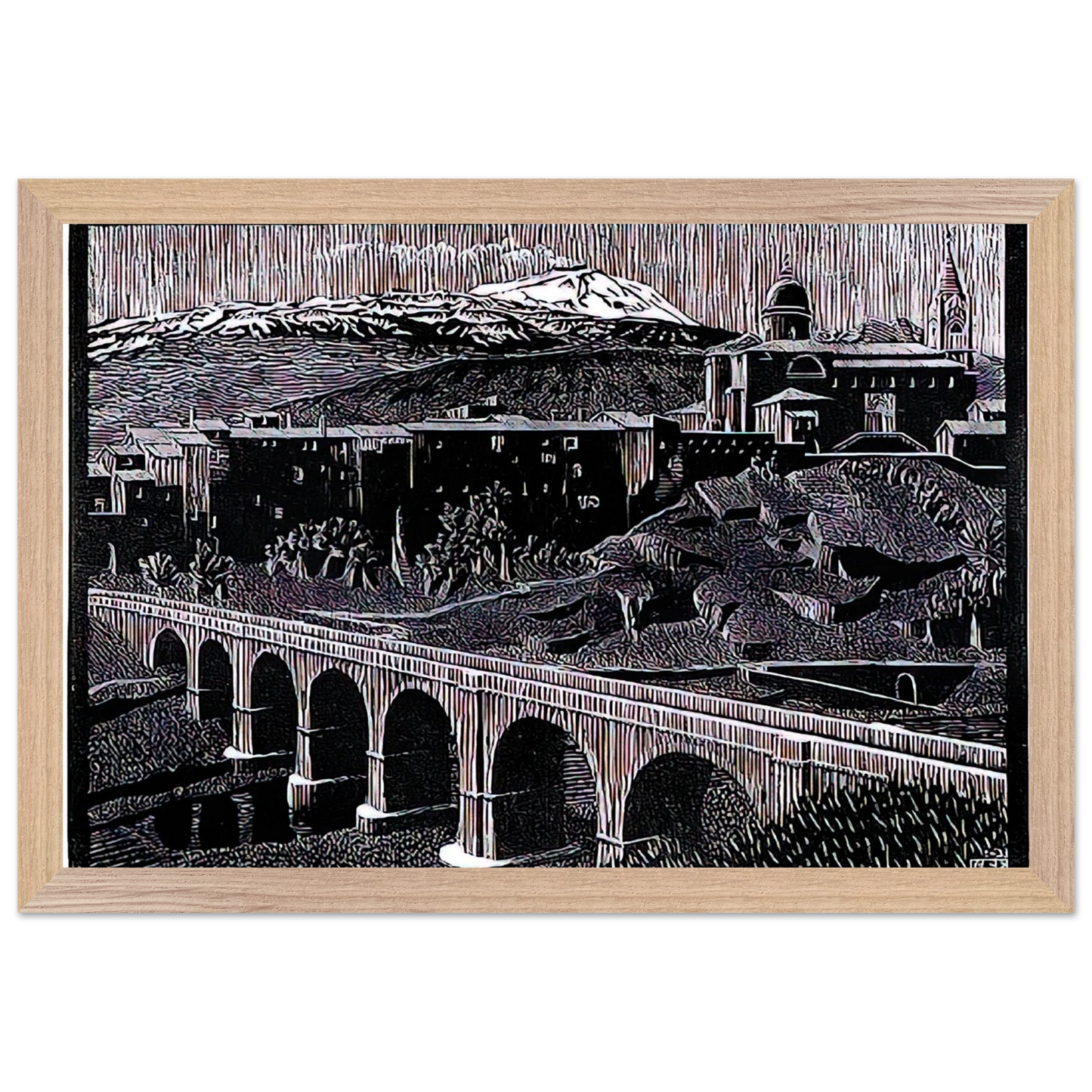 MC Escher - RANDAZZO AND MOUNT ETNA SICILY JANUARY 1933 1933 Wall Art - 30x40 cm / 12x16 inches - Premium Wooden Framed Poster With Fine Art Paper-canvas - Black frame