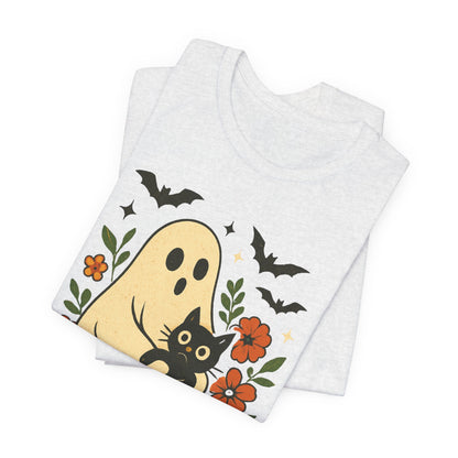 Spooky spookachtige Geest Houdt Zwarte Kat Groovy Bloem Halloween