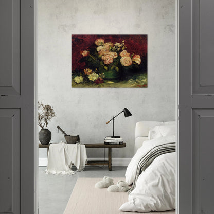 Bowl with Peonies and Roses - Vincent van Gogh Brushed Aluminum Print - 70x100 cm / 28x40 inches | Vincent van Gogh Aluminum Print | Vincent van Gogh Prints