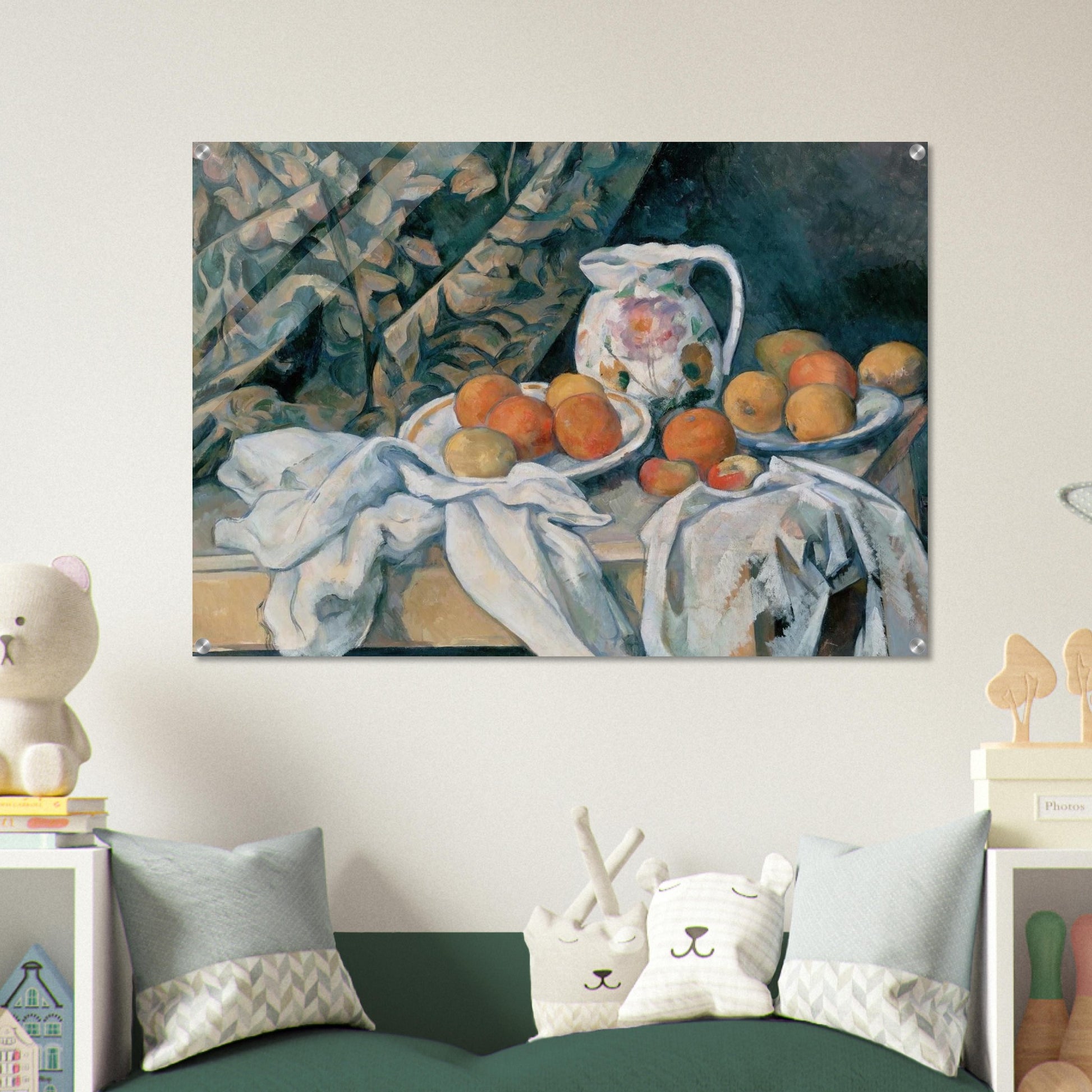Still Life with Curtain and Flowered Pitcher - Paul Cézanne Acrylic Print - 70x100 cm / 28x40″ inches