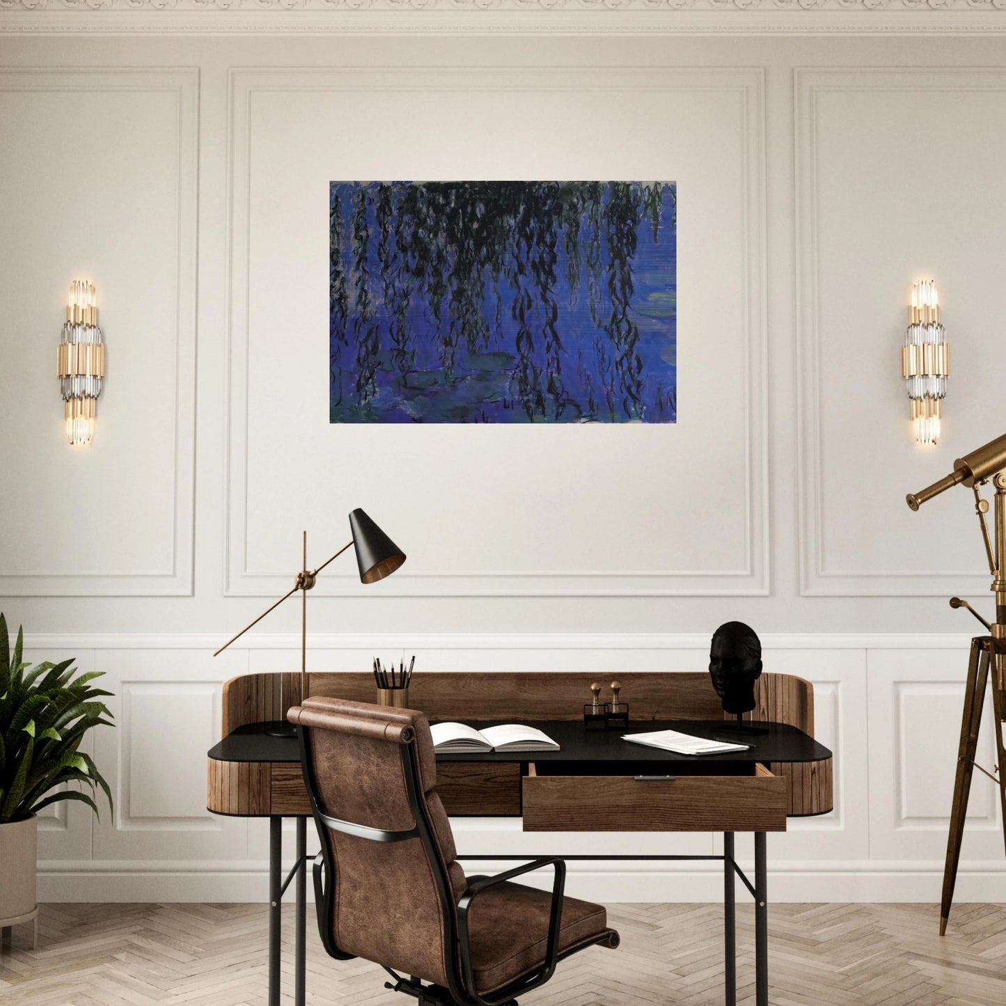Water Lilies and Weeping Willow Branches - claude monet Brushed Aluminum Print - 70x100 cm / 28x40 inches | claude monet Aluminum Print | claude monet Prints