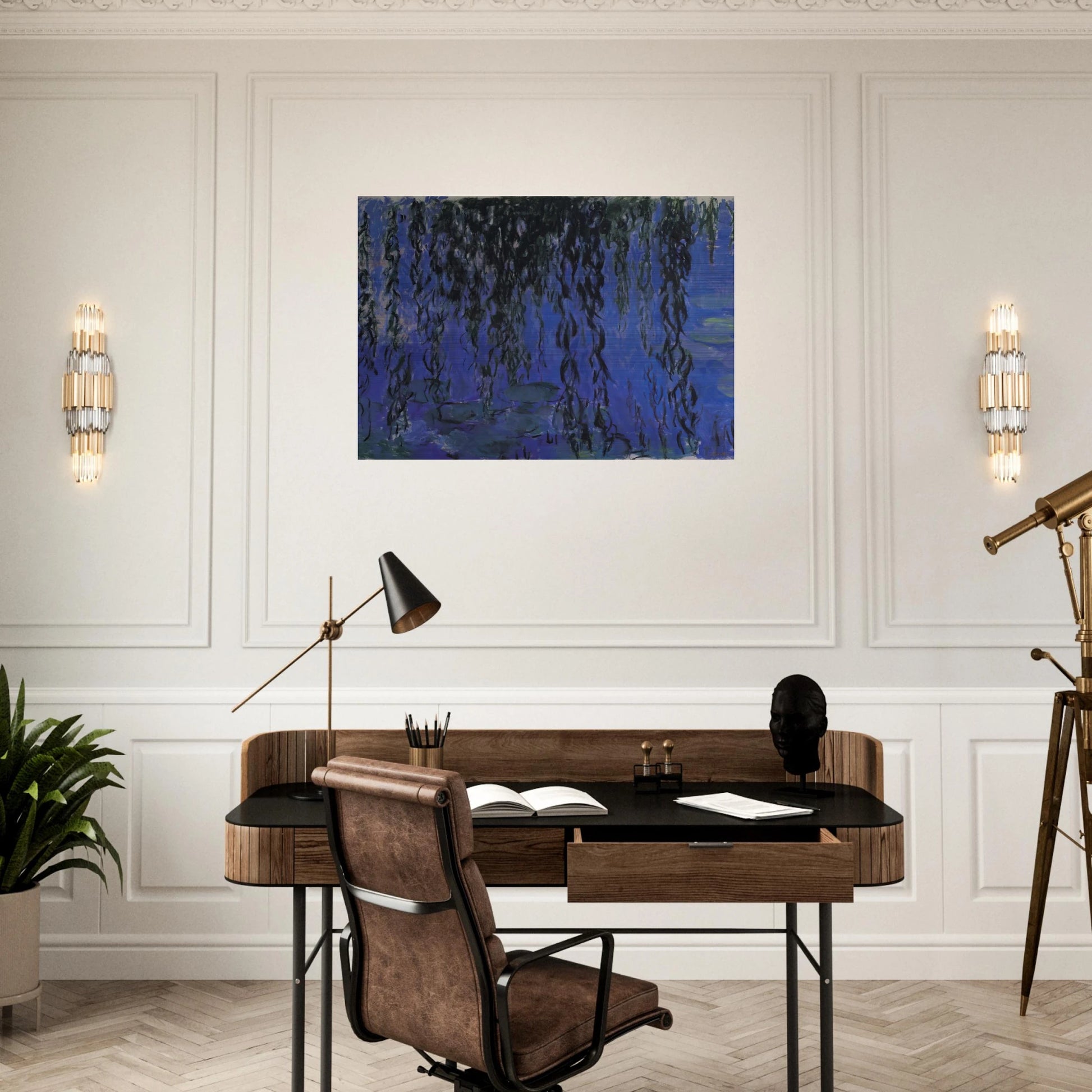 Water Lilies and Weeping Willow Branches - claude monet Brushed Aluminum Print - 70x100 cm / 28x40 inches | claude monet Aluminum Print | claude monet Prints