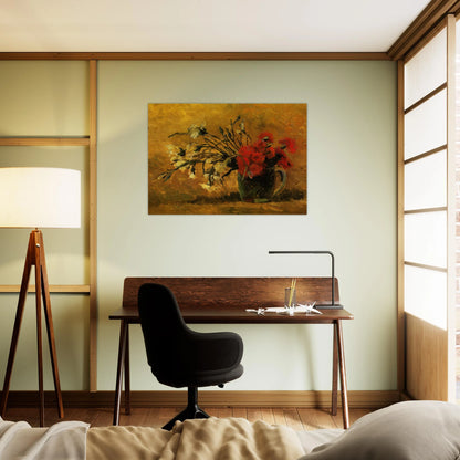 Vase with Red and White Carnations on a Yellow Background - Vincent van Gogh Brushed Aluminum Print - 70x100 cm / 28x40 inches | Vincent van Gogh Aluminum Print | Vincent van Gogh Prints