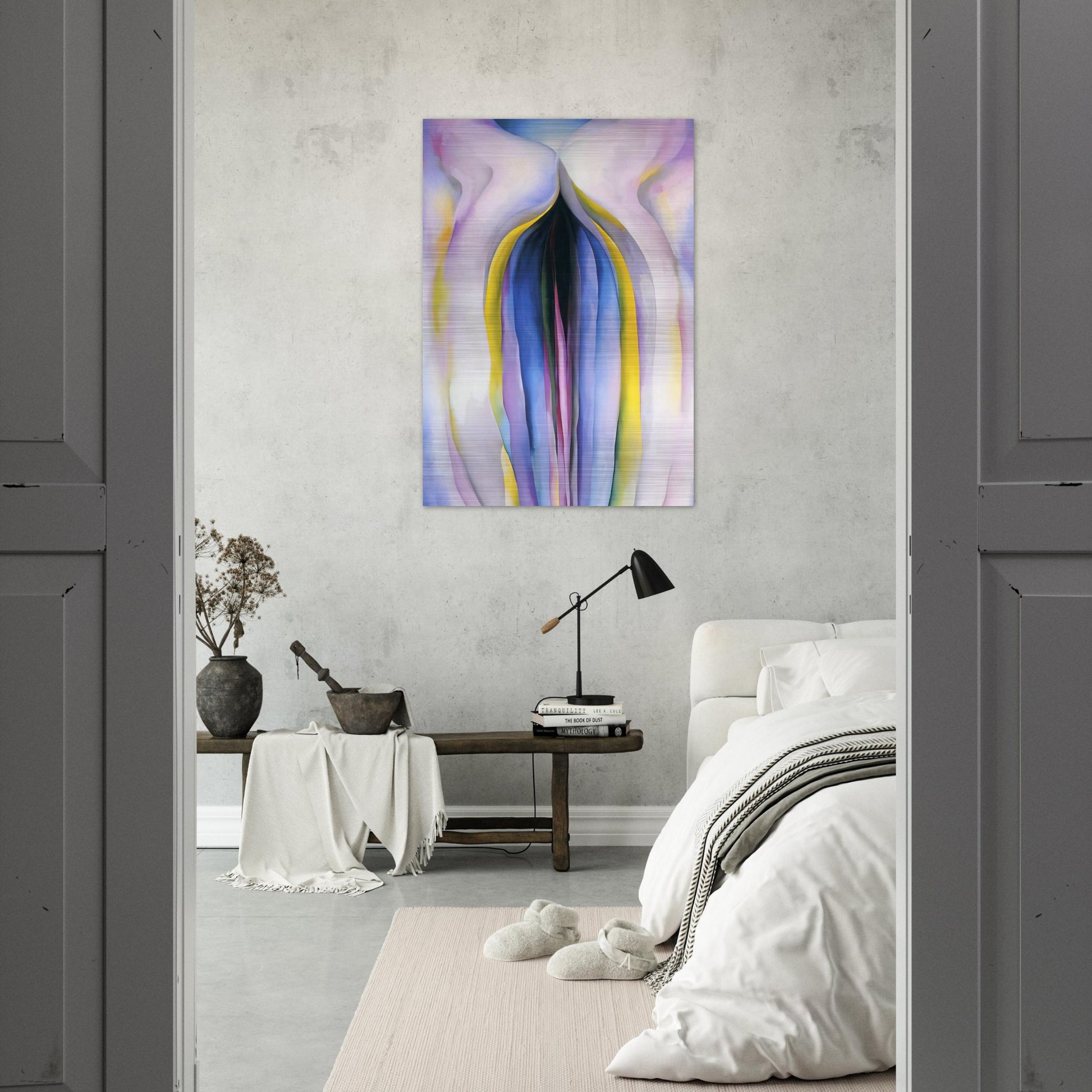 Grey Line With Black, Blue And Yellow - Georgia O'Keeffe Brushed Aluminum Print - 70x100 cm / 28x40 inches | Georgia O'Keeffe Aluminum Print | Georgia O'Keeffe Prints