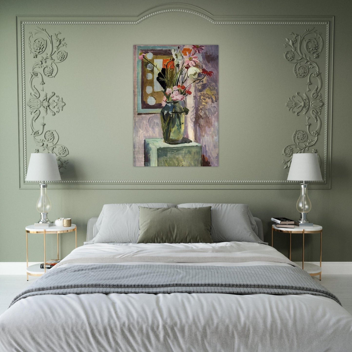 FLOWERS IN A GLASS VASE WITH ABSTRACT NEEDLEWORK DESIGN - Vanessa Bell Brushed Aluminum Print - 70x100 cm / 28x40 inches | Vanessa Bell Aluminum Print | Vanessa Bell Prints
