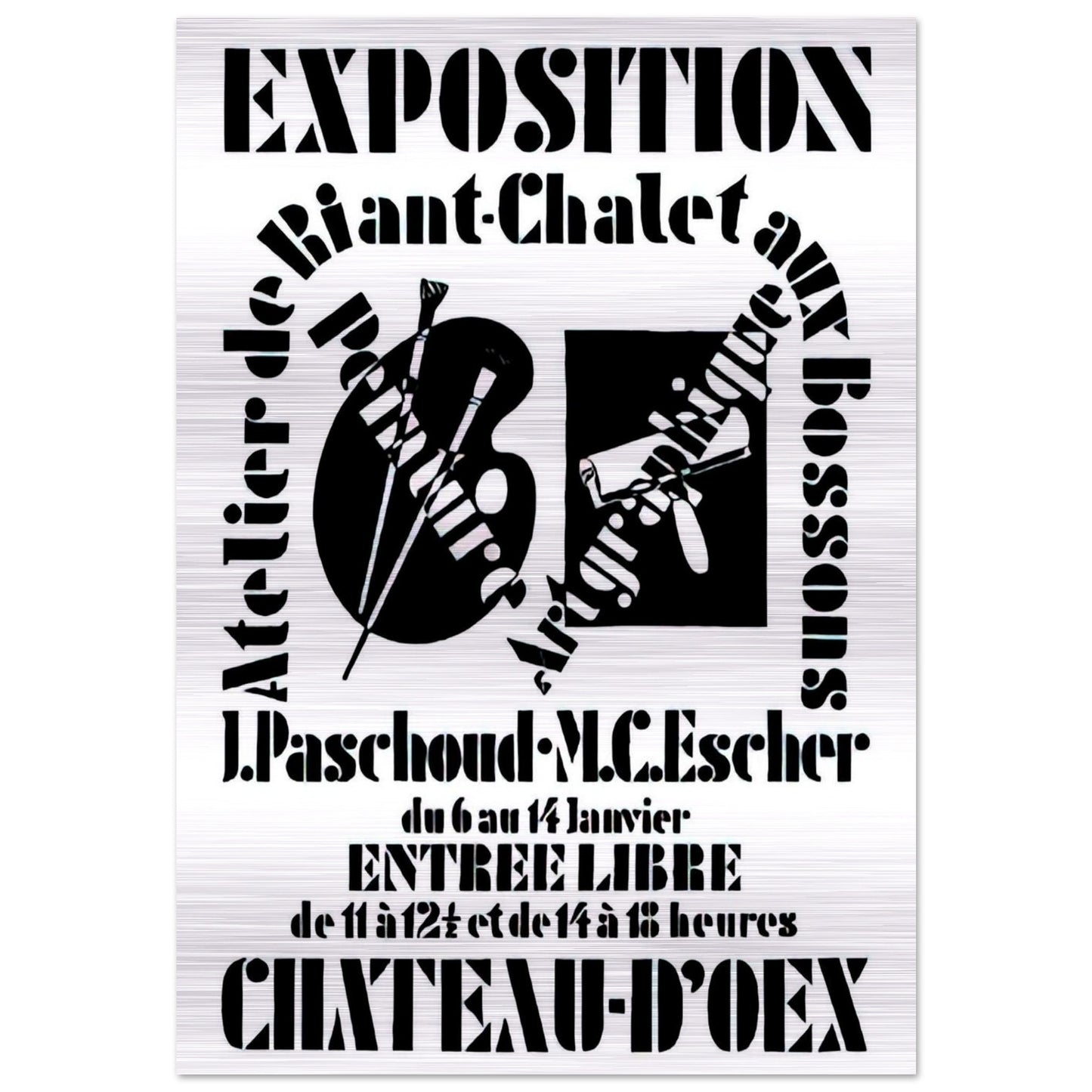 POSTER FOR EXHIBITION JOHN PASCHOUD AND M C ESCHER DECEMBER 1936 1936 - MC Escher Brushed Aluminum Print - 70x100 cm / 28x40 inches | MC Escher Aluminum Print | MC Escher Prints