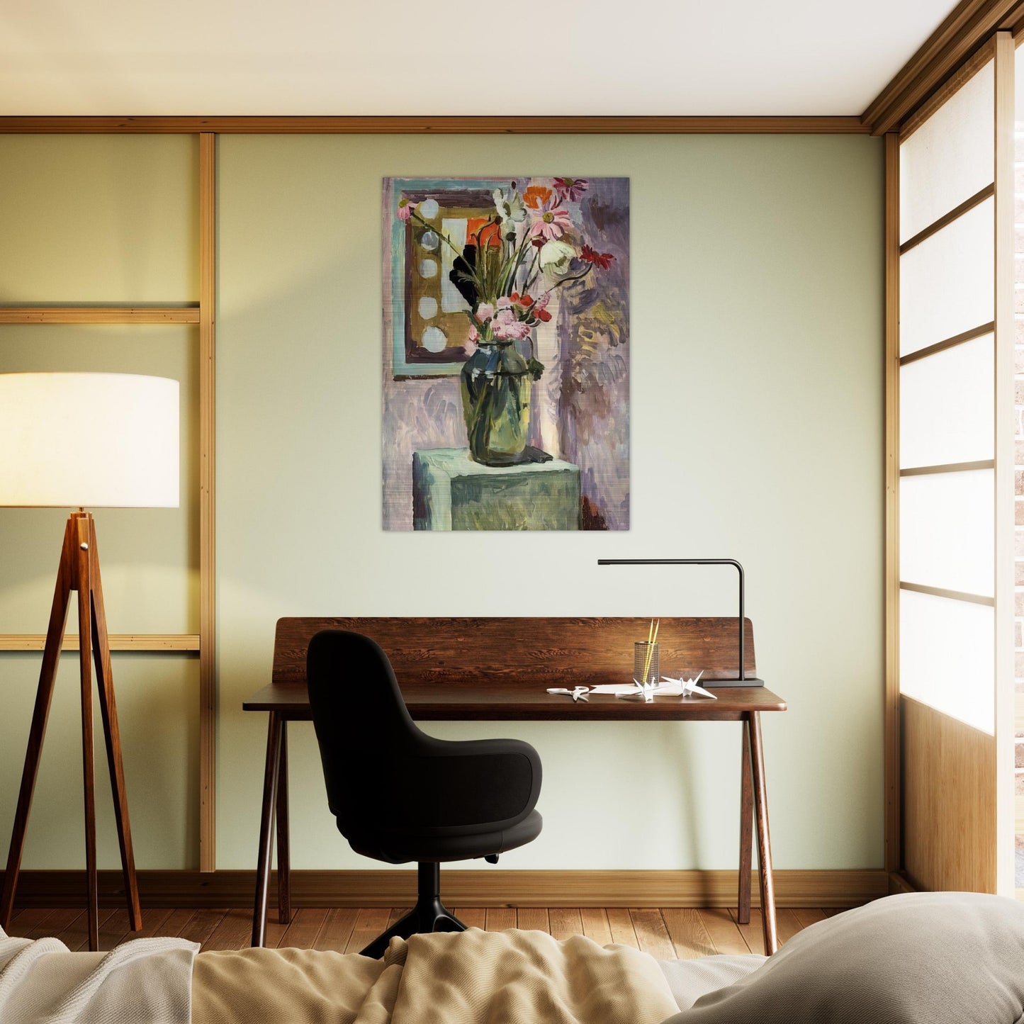 FLOWERS IN A GLASS VASE WITH ABSTRACT NEEDLEWORK DESIGN - Vanessa Bell Brushed Aluminum Print - 70x100 cm / 28x40 inches | Vanessa Bell Aluminum Print | Vanessa Bell Prints