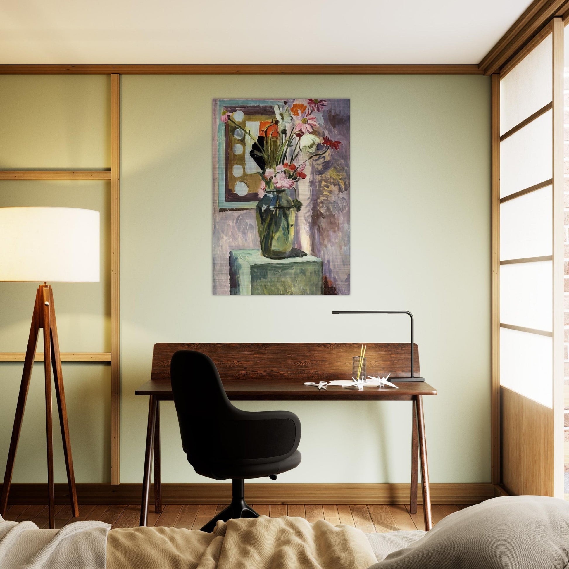 FLOWERS IN A GLASS VASE WITH ABSTRACT NEEDLEWORK DESIGN - Vanessa Bell Brushed Aluminum Print - 70x100 cm / 28x40 inches | Vanessa Bell Aluminum Print | Vanessa Bell Prints