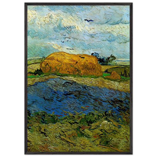 Haystack under a Rainy Sky - Vincent van Gogh 70x100 cm / 28x40 inches Framed Art Print – Black Wooden Frame