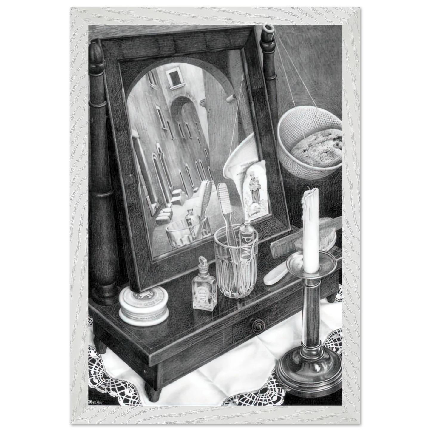 MC Escher - CANDLE MIRROR Wall Art - 60x80 cm / 24x32 inches - Premium Wooden Framed Poster With Fine Art Paper-canvas - Black frame