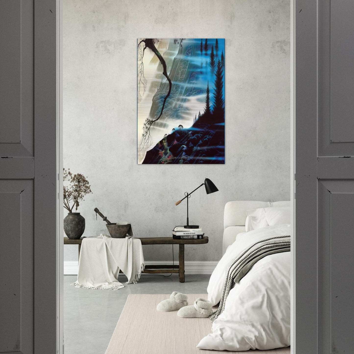 Sea Cliffs and Redwoods - Eyvind Earle Brushed Aluminum Print - 70x100 cm / 28x40 inches | Eyvind Earle Aluminum Print | Eyvind Earle Prints