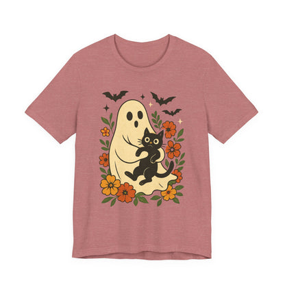 Spooky spookachtige Geest Houdt Zwarte Kat Groovy Bloem Halloween
