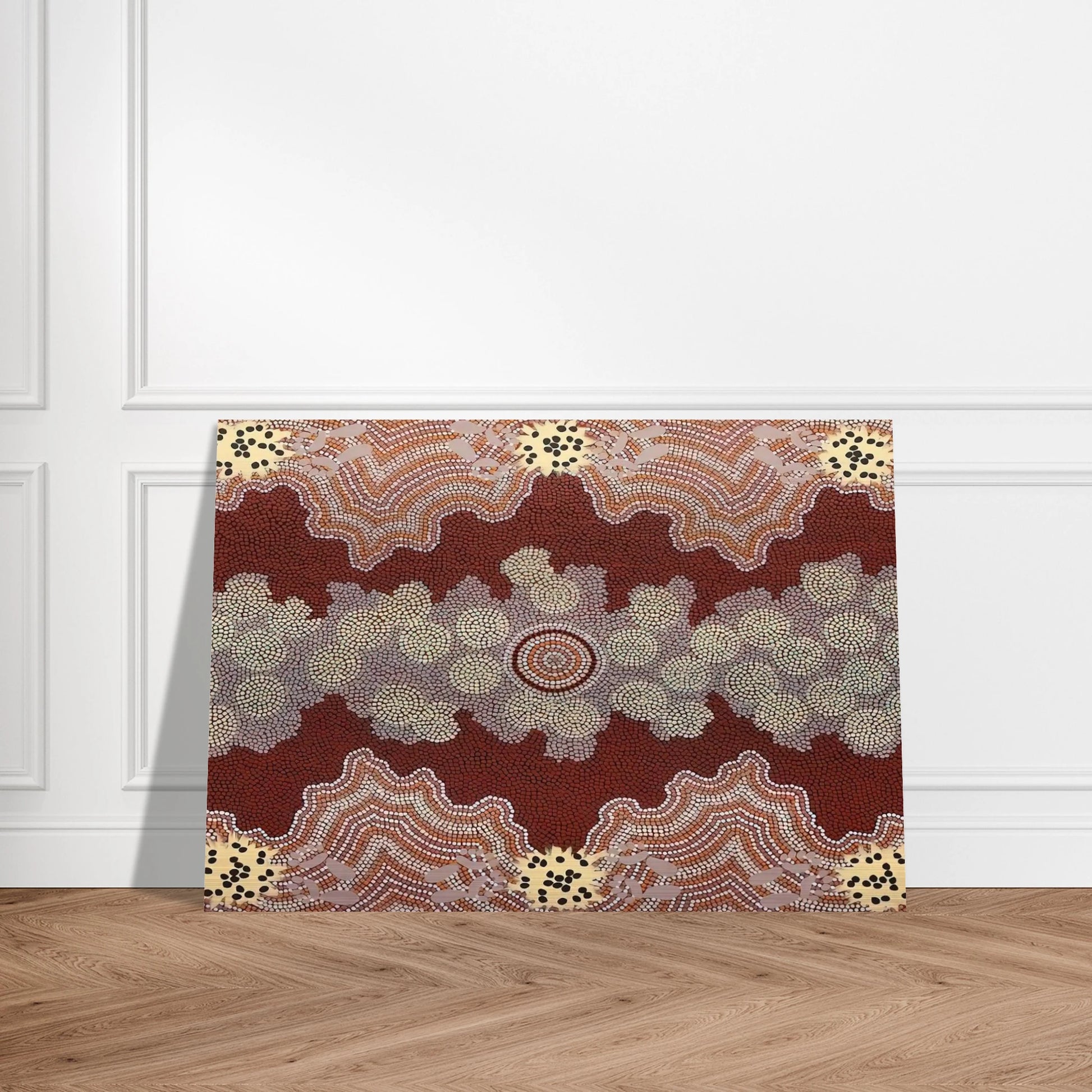 Malaka Honey Ant Dreaming - 1992 - Clifford Possum Tjapaltjarri Brushed Aluminum Print - 70x100 cm / 28x40 inches | Clifford Possum Tjapaltjarri Aluminum Print | Clifford Possum Tjapaltjarri Prints