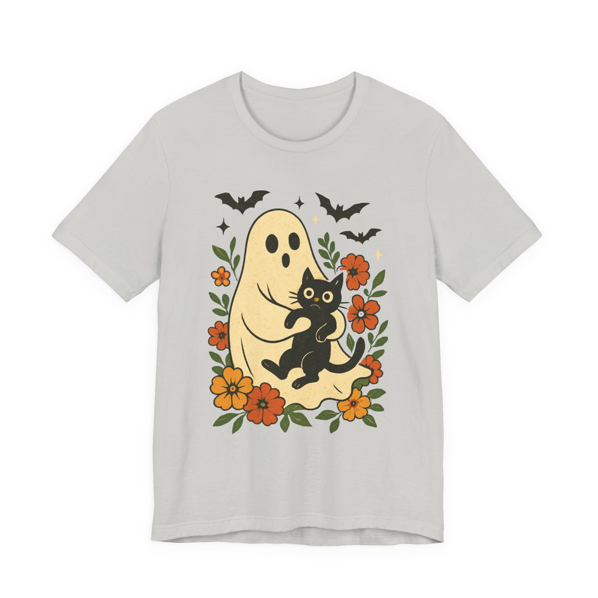 Spooky spookachtige Geest Houdt Zwarte Kat Groovy Bloem Halloween