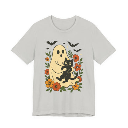 Spooky spookachtige Geest Houdt Zwarte Kat Groovy Bloem Halloween