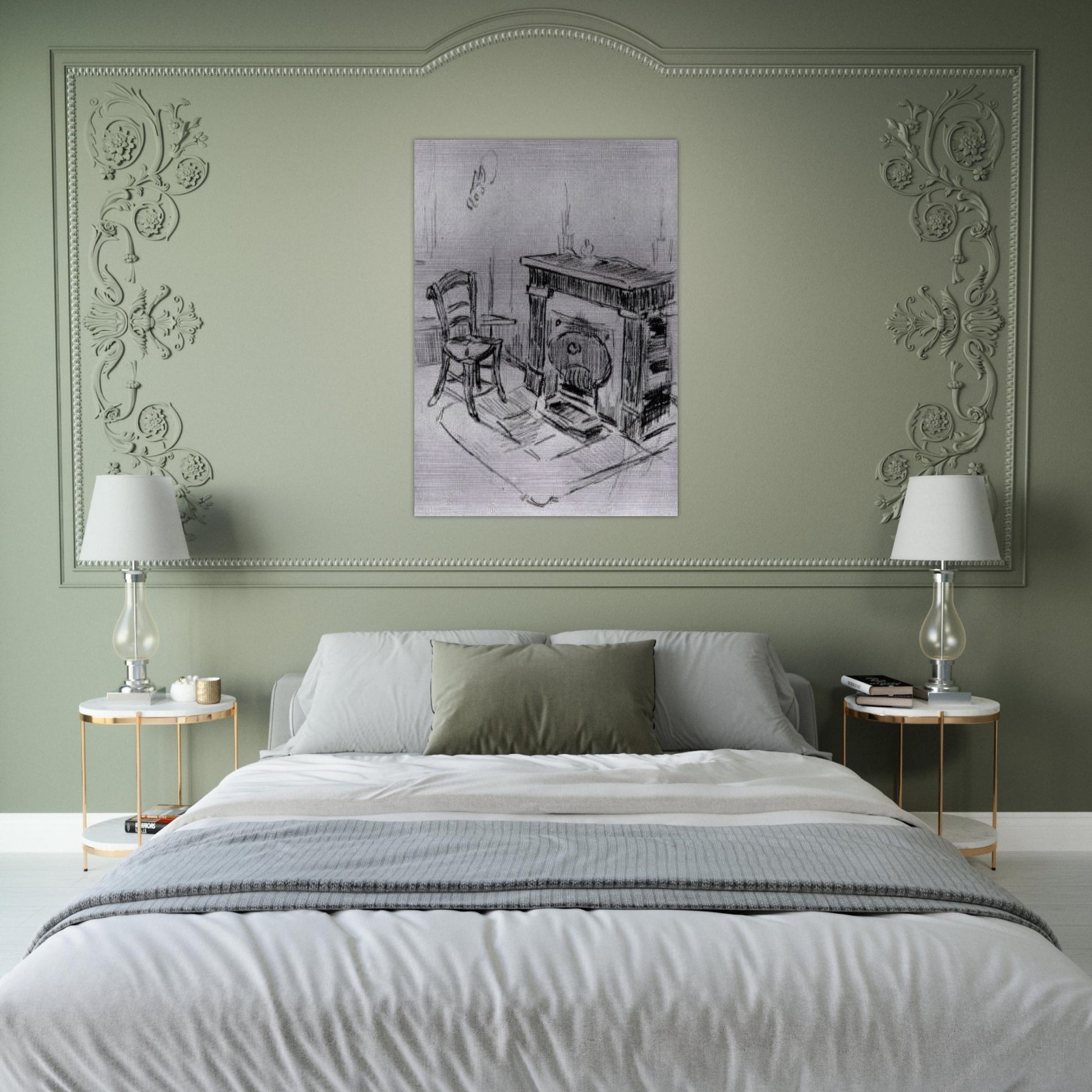 Mantelpiece with Chair - Vincent van Gogh Brushed Aluminum Print - 70x100 cm / 28x40 inches | Vincent van Gogh Aluminum Print | Vincent van Gogh Prints