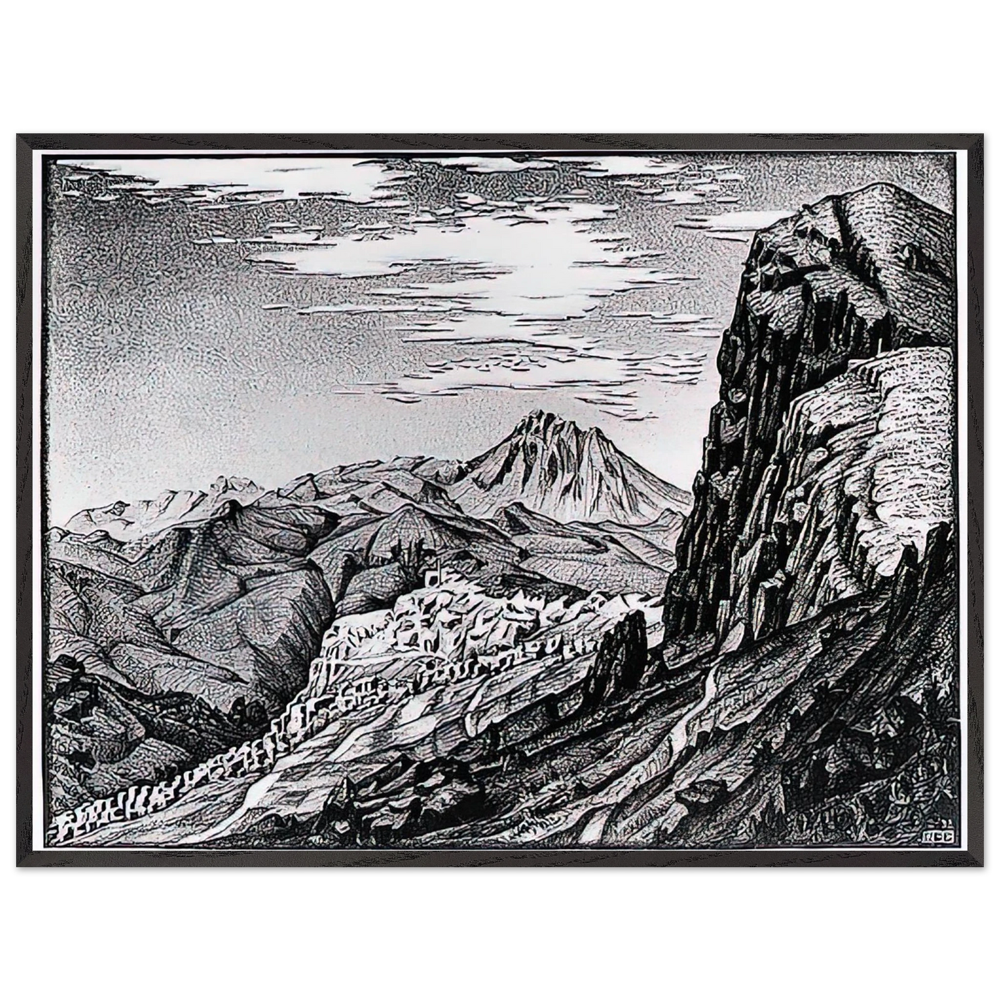 MC Escher - CALTAVUTURO IN THE MADONIE MOUNTAINS SICILY Wall Art - 21x29.7 cm / 8x12" - Premium Wooden Framed Poster With Fine Art Paper - White frame