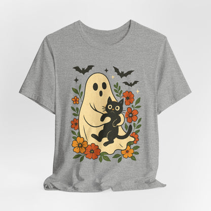 Spooky spookachtige Geest Houdt Zwarte Kat Groovy Bloem Halloween